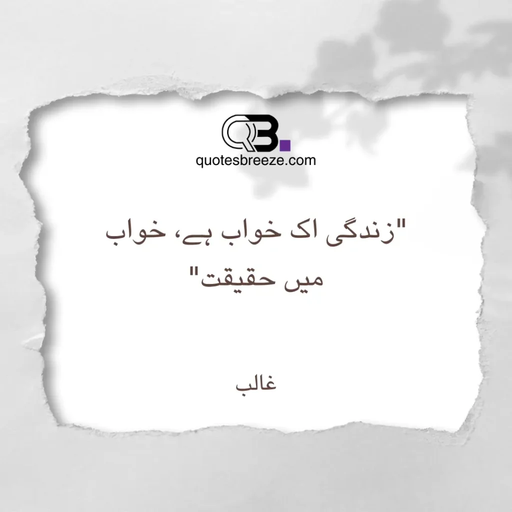 Ghalib's Urdu quote: 'زندگی اک خواب ہے، خواب میں حقیقت.' Translation: 'Life is a dream, and within the dream lies reality.