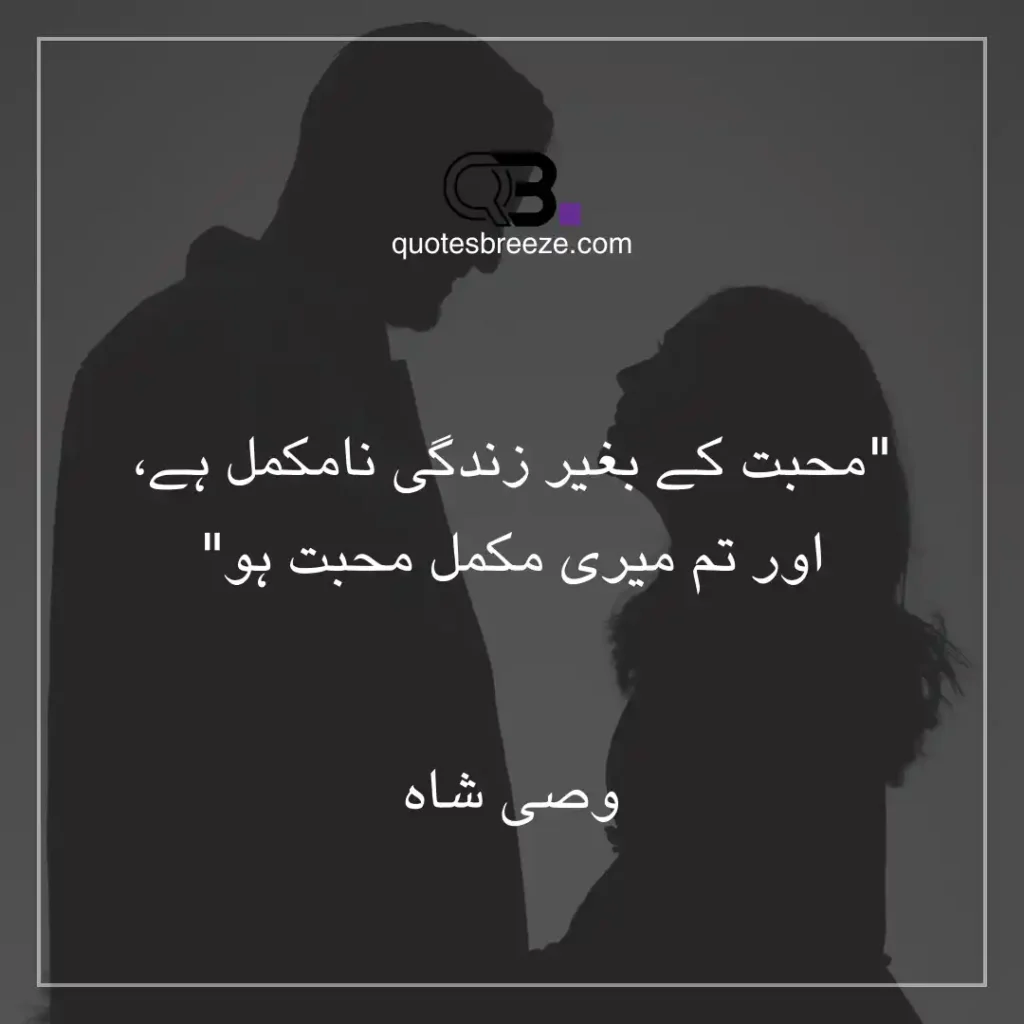 Beautiful husband wife quotes in Urdu by Wasi Shah about love completing life.